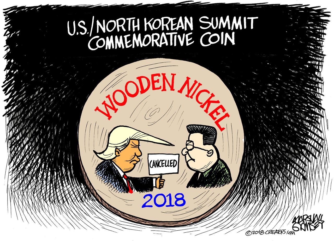 Political cartoon US Nuclear summit cancellation commemorative coin Trump Kim Jong Un North Korea