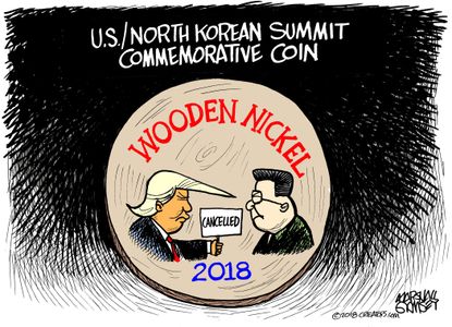 Political cartoon US Nuclear summit cancellation commemorative coin Trump Kim Jong Un North Korea