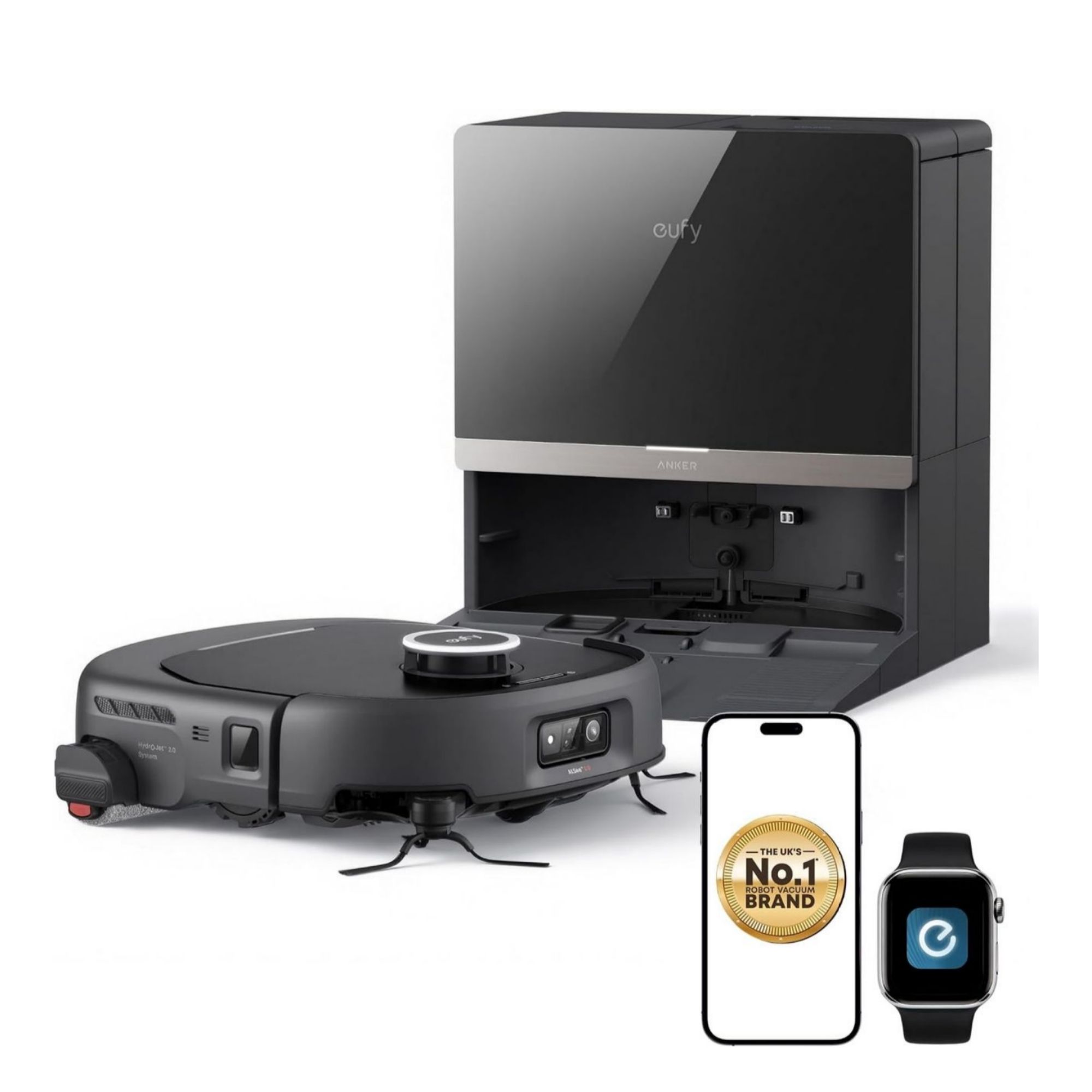 Anker eufy Robot Vacuum E35 Omni cut-out on a white background, next to a smartphone and smartwatch