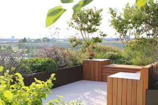 roof terrace with built in wooden planters