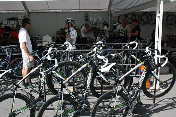 The HTC-Highroad Specialized bikes await their riders.