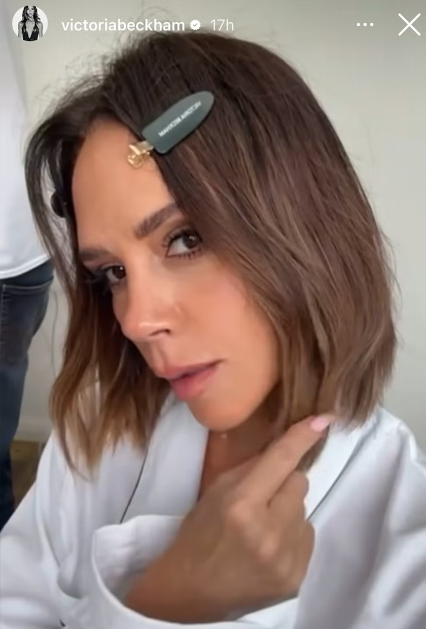 Screen shot of Victoria Beckham's Instagram Story, featuring her new skimmed bob haircut with hairclips
