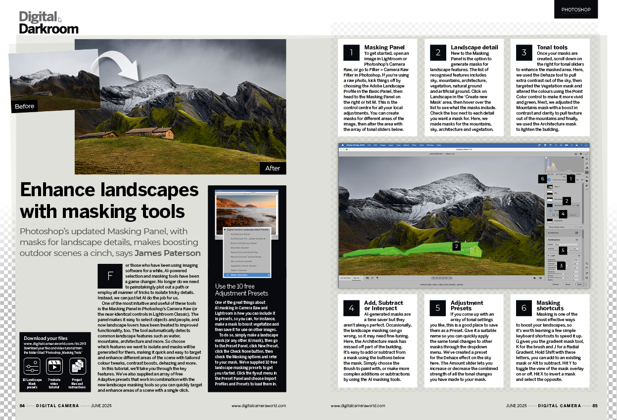 Image showing the Tool School tutorial in issue 295 (June 2025) of Digital Camera magazine, explaining how to enhance photographs of landscapes with the masking tools found in Adobe Photoshop