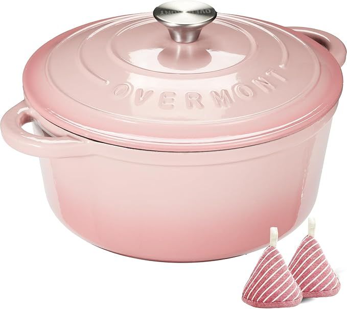 Overmont Enameled Cast Iron Dutch Oven - 5.5qt Pot With Lid Cookbook & Cotton Potholders - Heavy-Duty Cookware for Braising, Stews, Roasting, Bread Baking Pink
