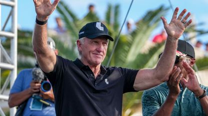 LIV Golf CEO Greg Norman acknowledges the crowd during the 2022 LIV Golf Team Championship in Miami