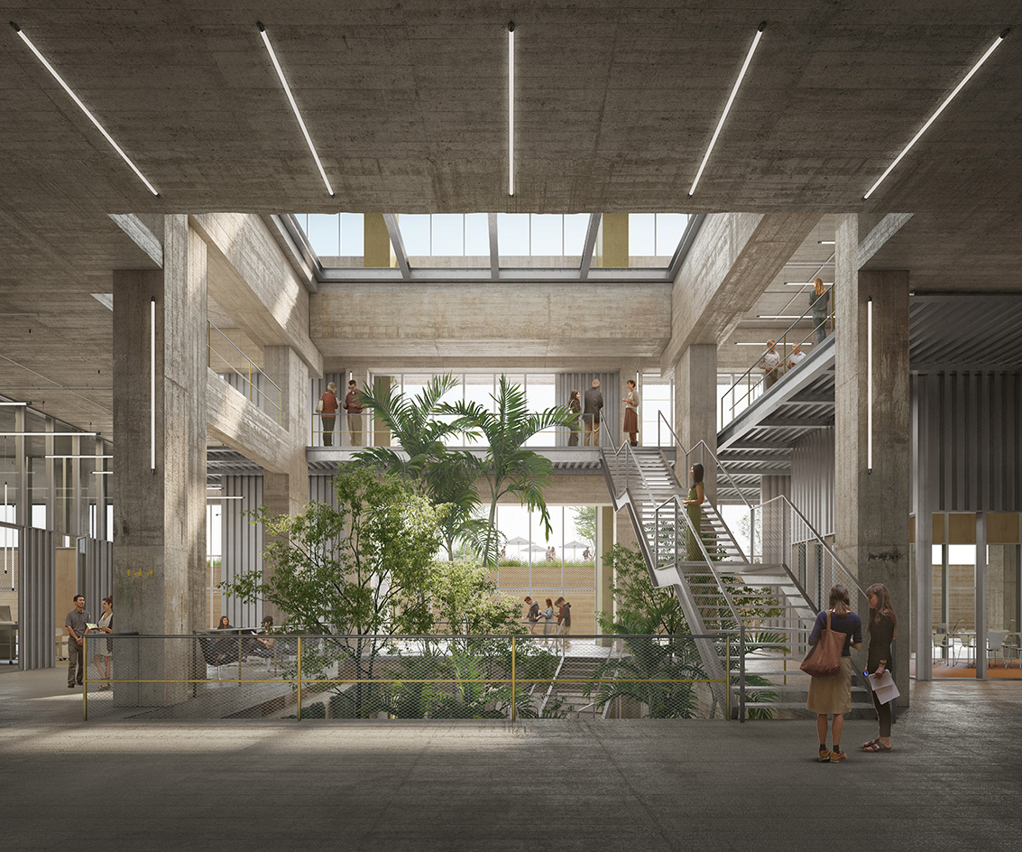 The three chimneys brutalist building redesign - renders seen here of finished visual by GDSB + MARVEL