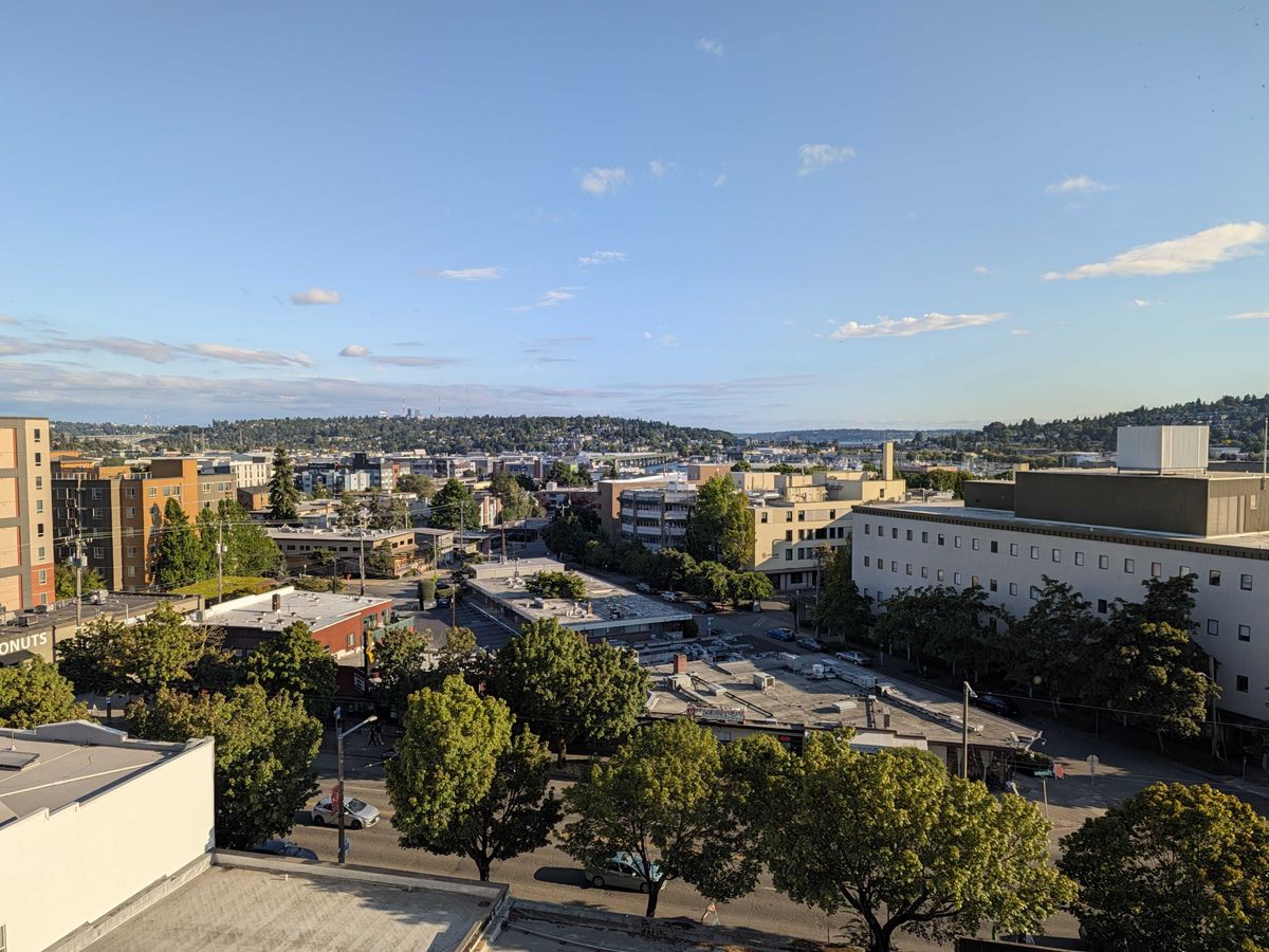 A street and neighborhood as seen from above
