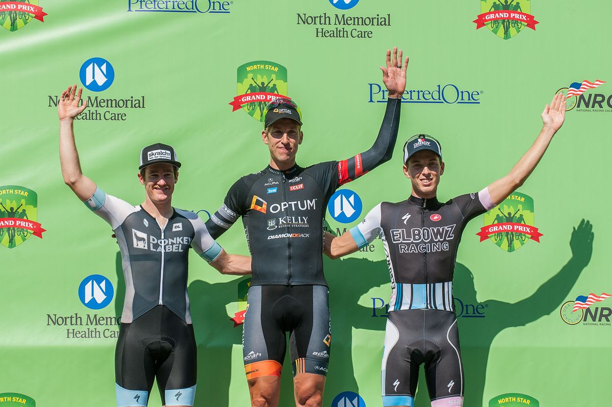 The Saint Paul Time Trial stage podium _ Ben Hill (Donkey Label) 2nd, Tom Zirbel (Optum p/b Kelly Benefit Strategies) 1st, Michael Sheenan (Elbowz Racing) 3rd