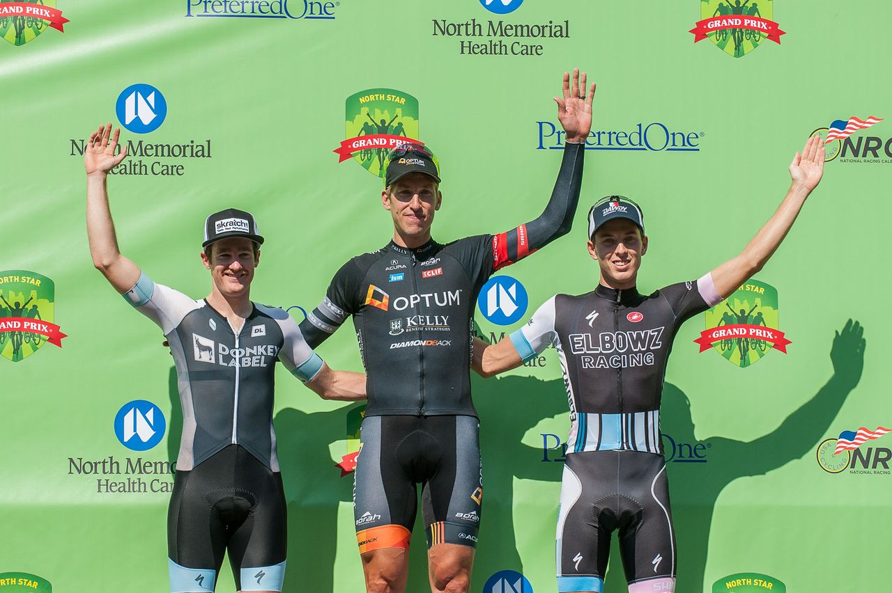 The Saint Paul Time Trial stage podium _ Ben Hill (Donkey Label) 2nd, Tom Zirbel (Optum p/b Kelly Benefit Strategies) 1st, Michael Sheenan (Elbowz Racing) 3rd