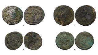 The fronts and backs of four Roman coins with heavy patinas