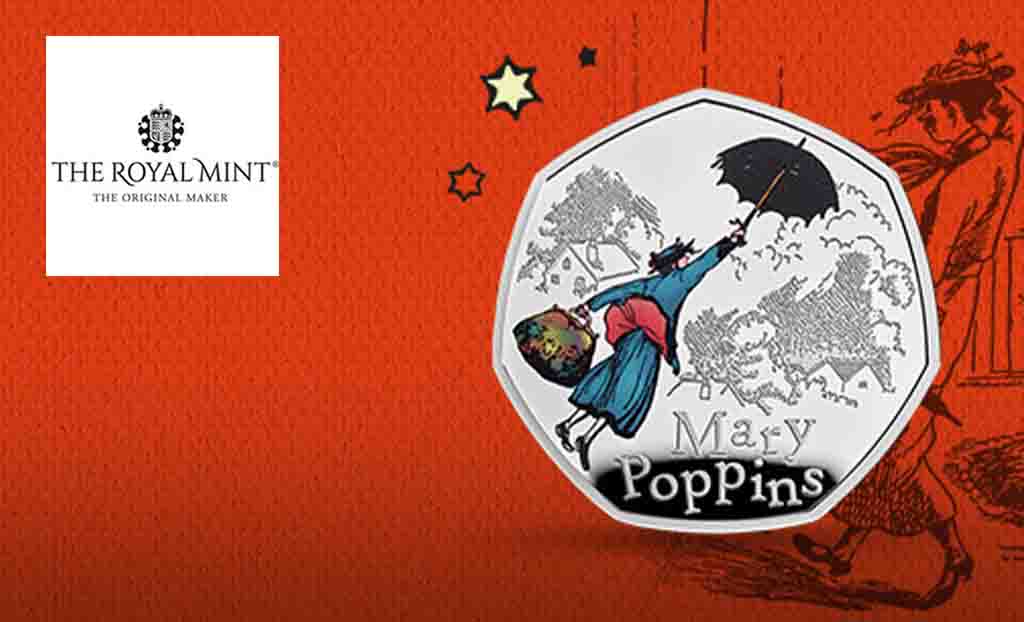 the royal mint logo top top with a coin of mary poppins with a red background