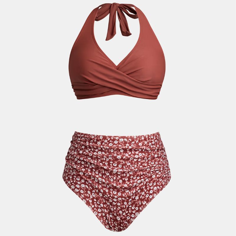 rust and white swimsuit