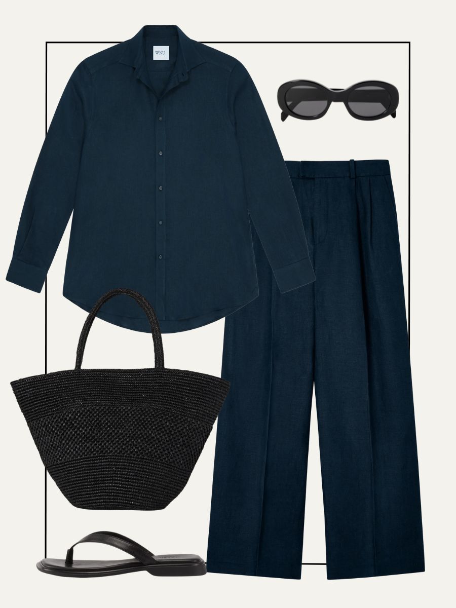 With Nothing Underneath linen trousers, With Nothing Underneath linen shirt, Vagabond flip-flops, The Row basket bag, Celine sunglasses