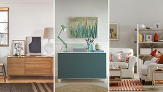 three different living rooms showing sideboards, coffee table and shelves with items celebrating the curated clutter trend for organising homes