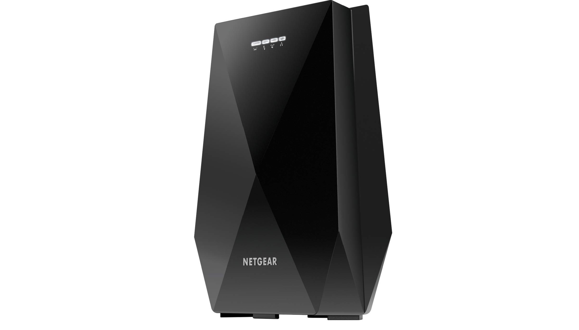 Netgear Nighthawk X6 EX7700 at an angle on a white background