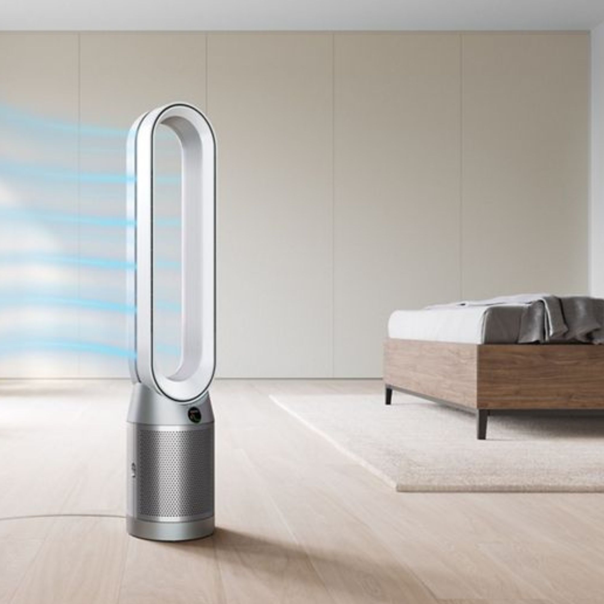 Dyson fan in a bedroom with wooden flooring