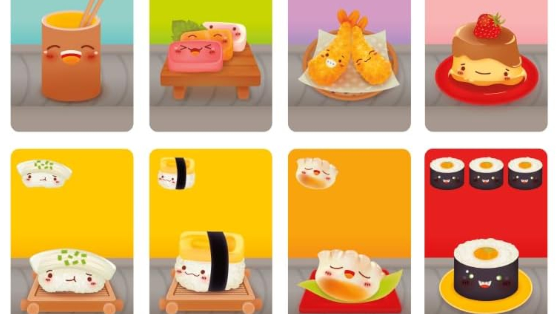 Sushi Go cards laid out in a row on a plain background