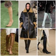 collage of skin-tight boots on the fall 2026 runways of altuzarra, acne studios, miu miu, chanel