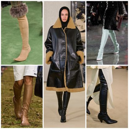 collage of skin-tight boots on the fall 2026 runways of altuzarra, acne studios, miu miu, chanel
