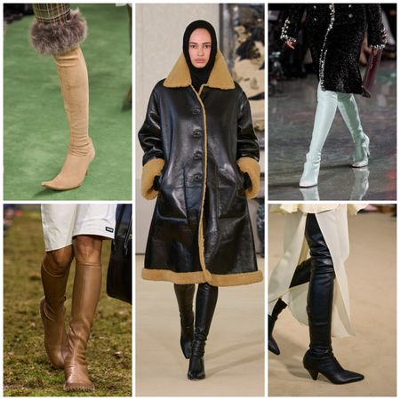 collage of skin-tight boots on the fall 2026 runways of altuzarra, acne studios, miu miu, chanel