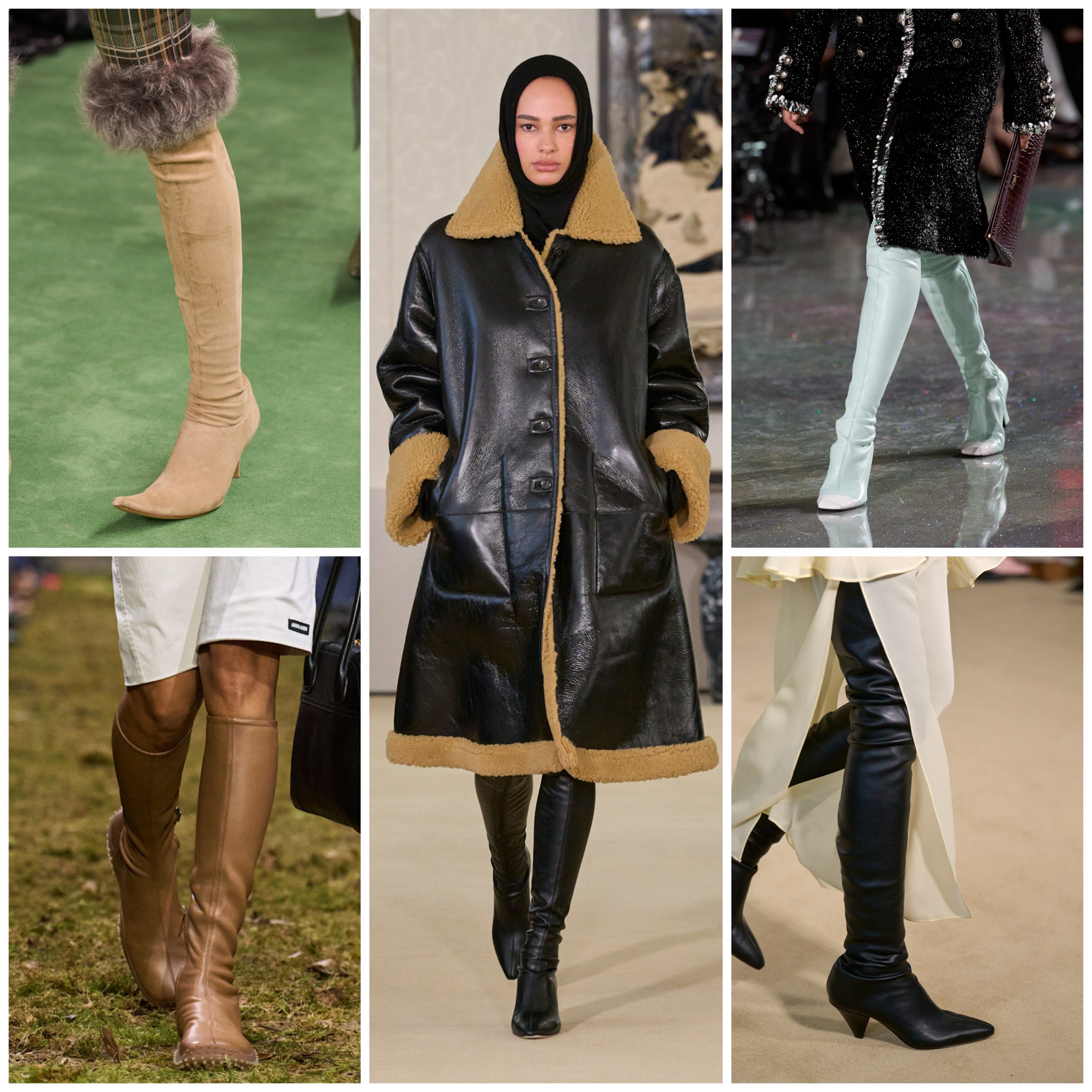 collage of skin-tight boots on the fall 2026 runways of altuzarra, acne studios, miu miu, chanel