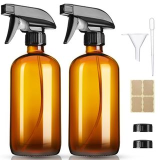 Two 16oz Amber Glass Spray Bottles, with labels, funnel, pipette and screw top lids