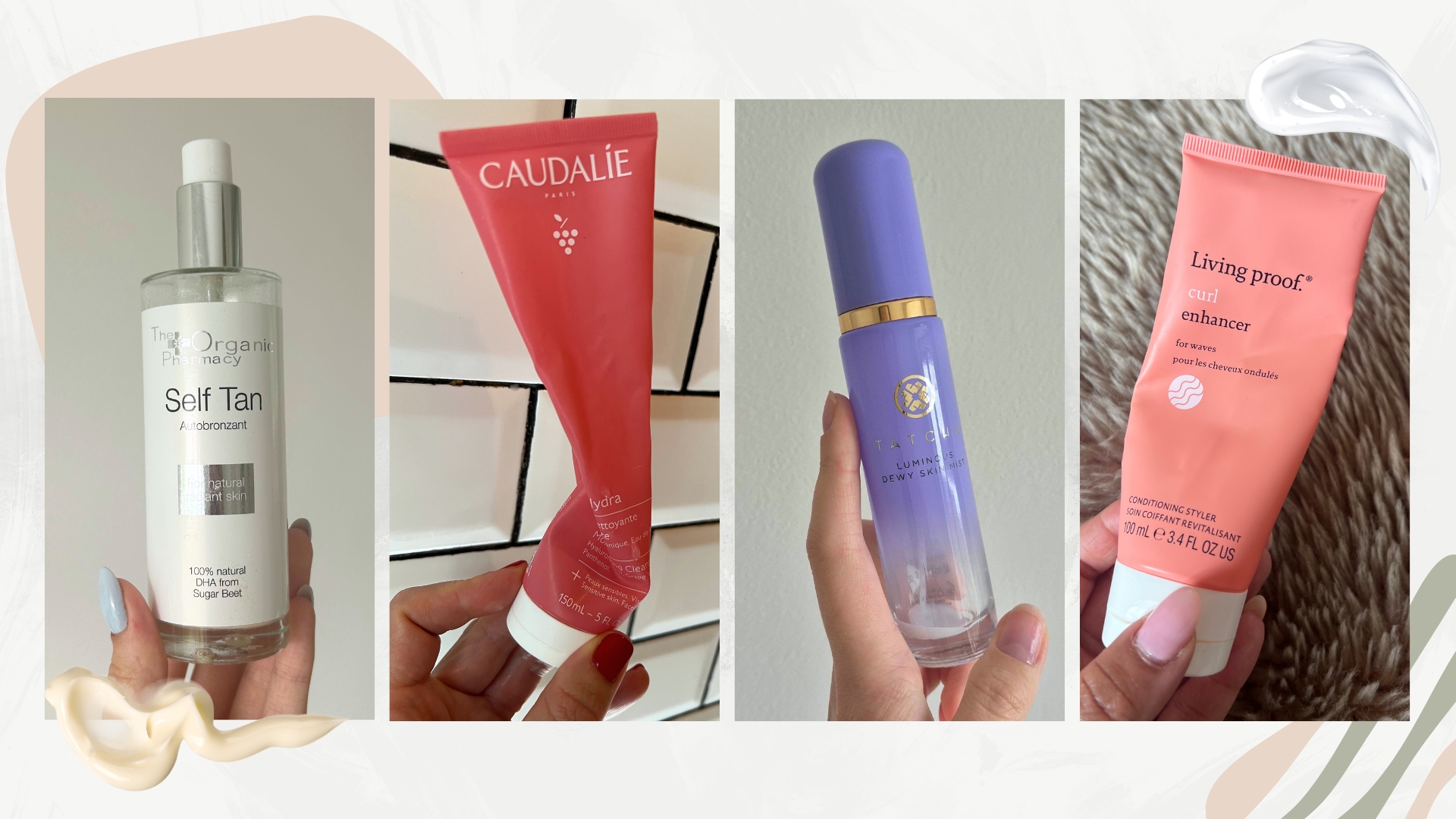 Collage showing four of our beauty team&#039;s product empties this month (L-R) The Organic Pharmacy Self-Tan, Caudalie VinoHydra Moisturising Cleansing Gel, Tatcha Dewy Skin Mist and Living Proof Curl Enhancer 