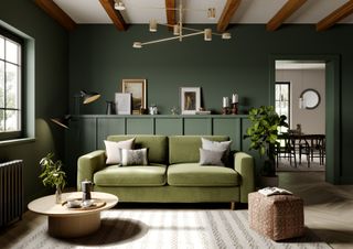 modern green living room with wood panelling