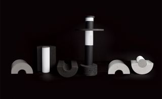 Black and white abstract sculptures against black background