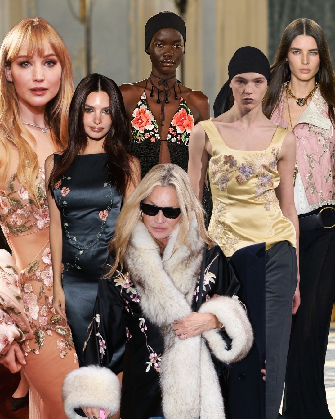An image of the biggest floral fashion trends for spring 2026, as seen on the spring/summer 2026 runway from Conner Ives, Chlo&amp;eacute; and Kate Moss, Emily Ratajkowski and Jennifer Lawrence.
