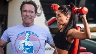 Left image Arnold Schwarzenegger smiling to camera, right image woman performing a seated Arnold press using dumbbells in the gym 