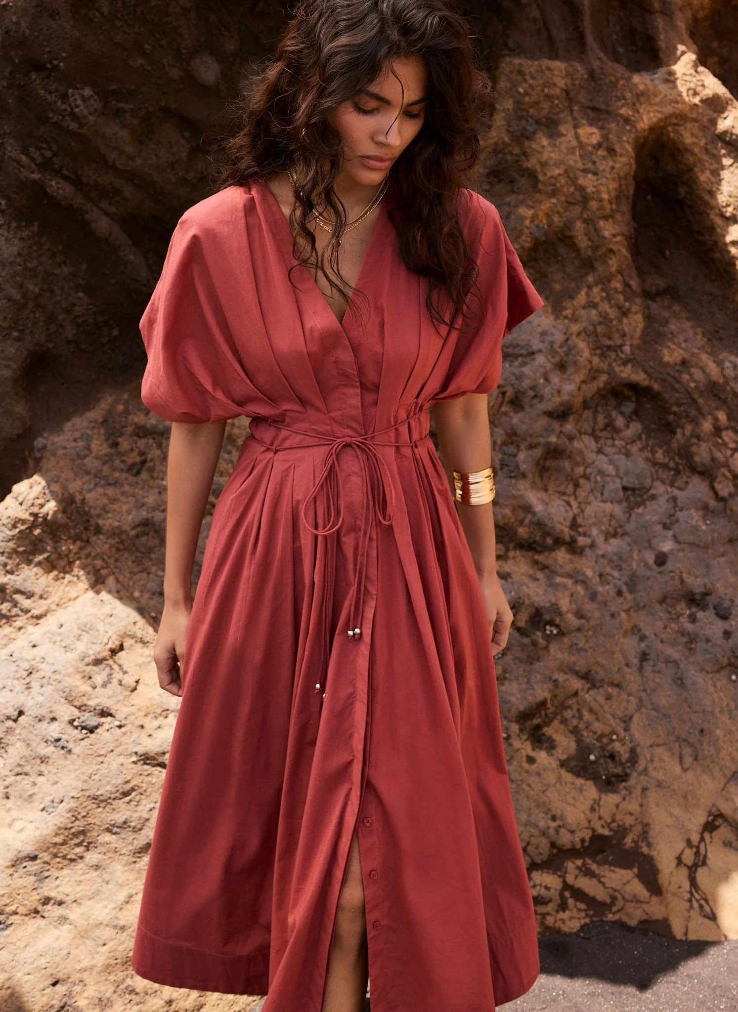 Mint Velvet, Brown Rust Cotton Tie Waist Midi Dress