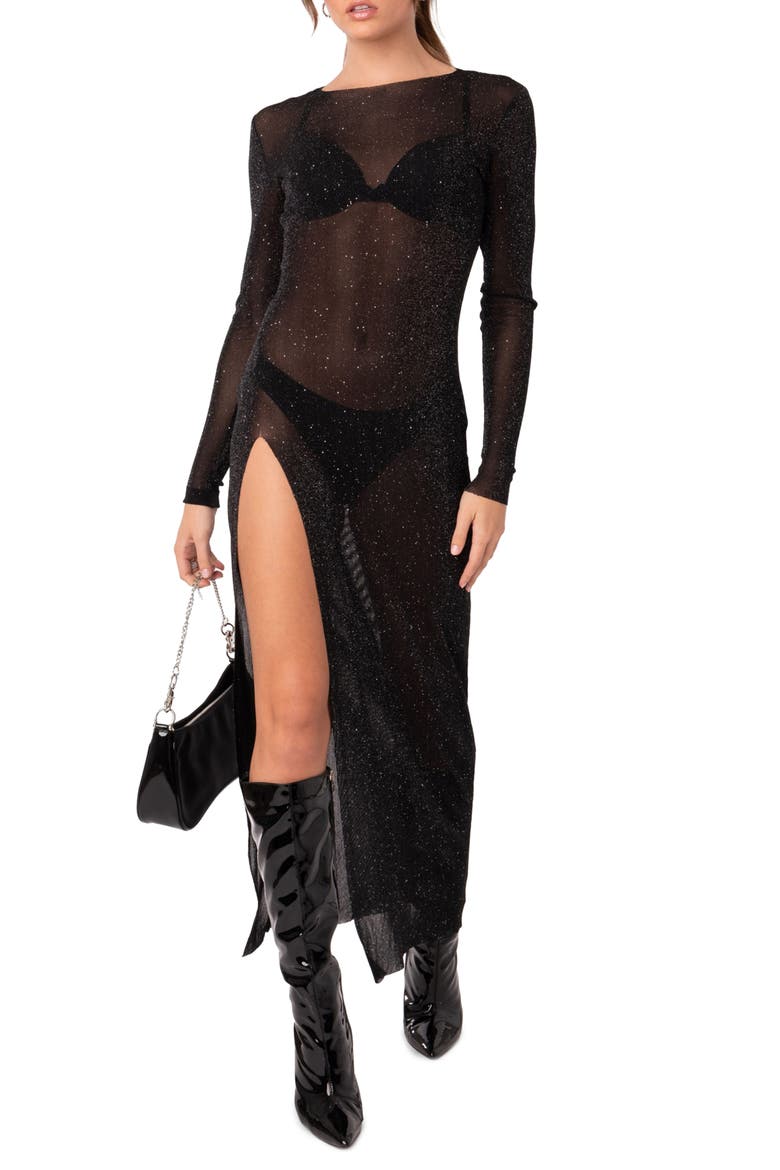 Glitter Mesh Slit Maxi Dress