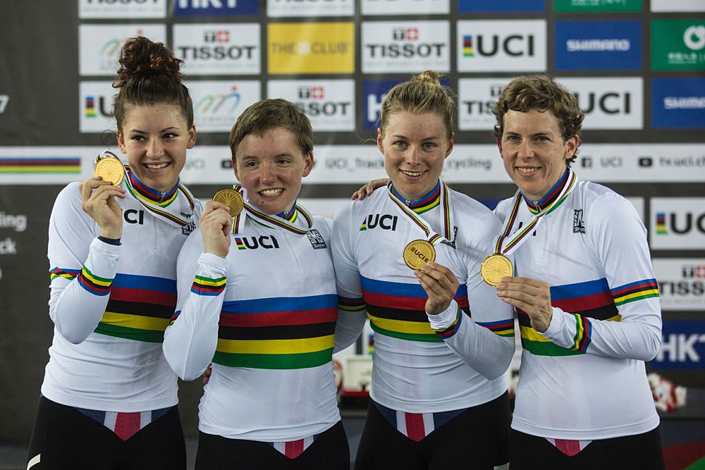 Chloe Dygert, Jen Valente, Kelly Caitlin and Kim Geist with the team pursuit gold