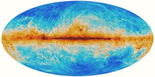 The most ancient light in the universe, known as the cosmic microwave background, seen by the European Space Agency's Planck satellite. The image also captures interstellar dust and the magnetic field of our galaxy. Planck used the CMB to estimate when stars began forming in the universe.