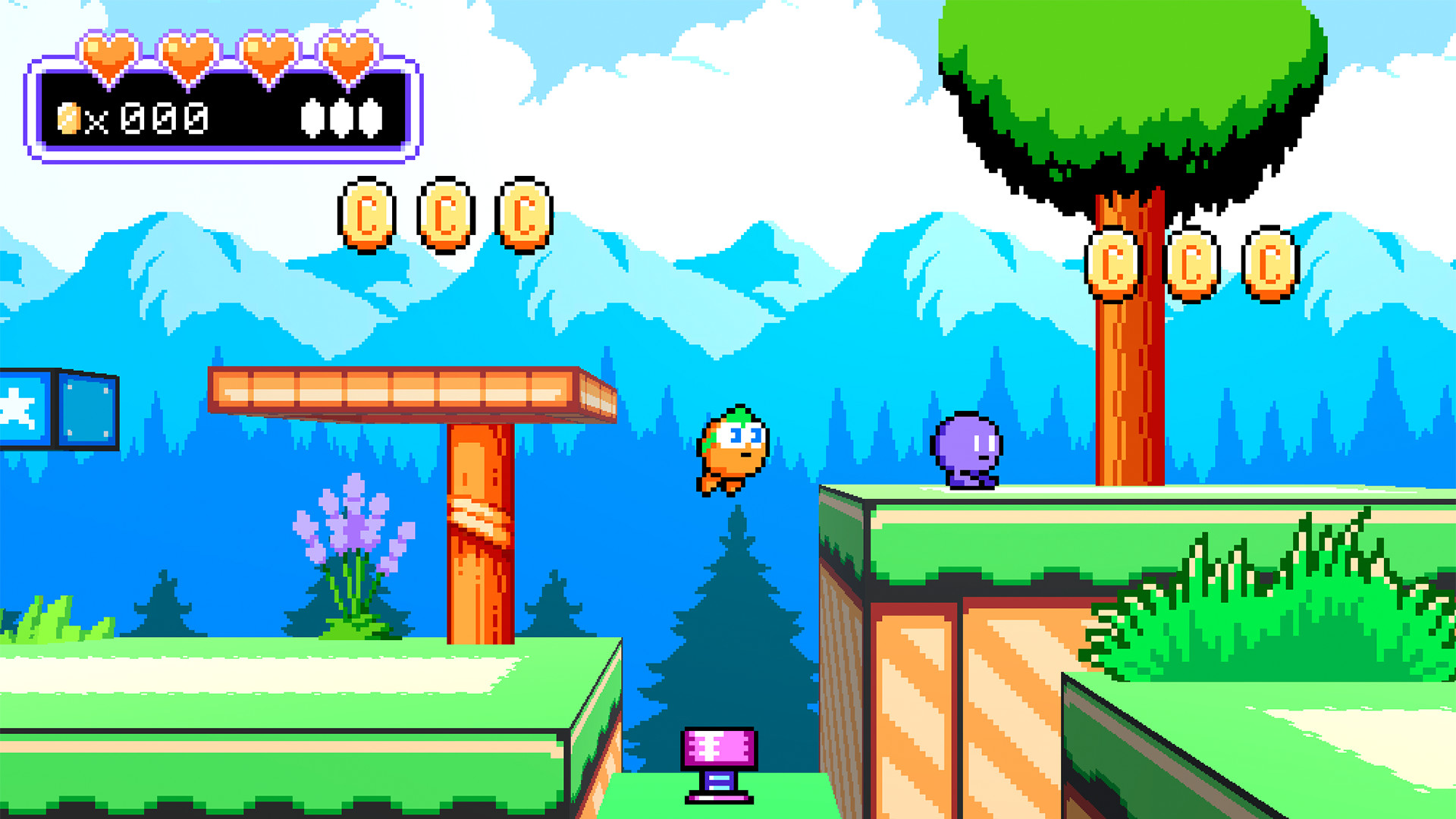 Rog in midair between platform and a cliff with bluish mountains in the background, purple enemy standing on cliff