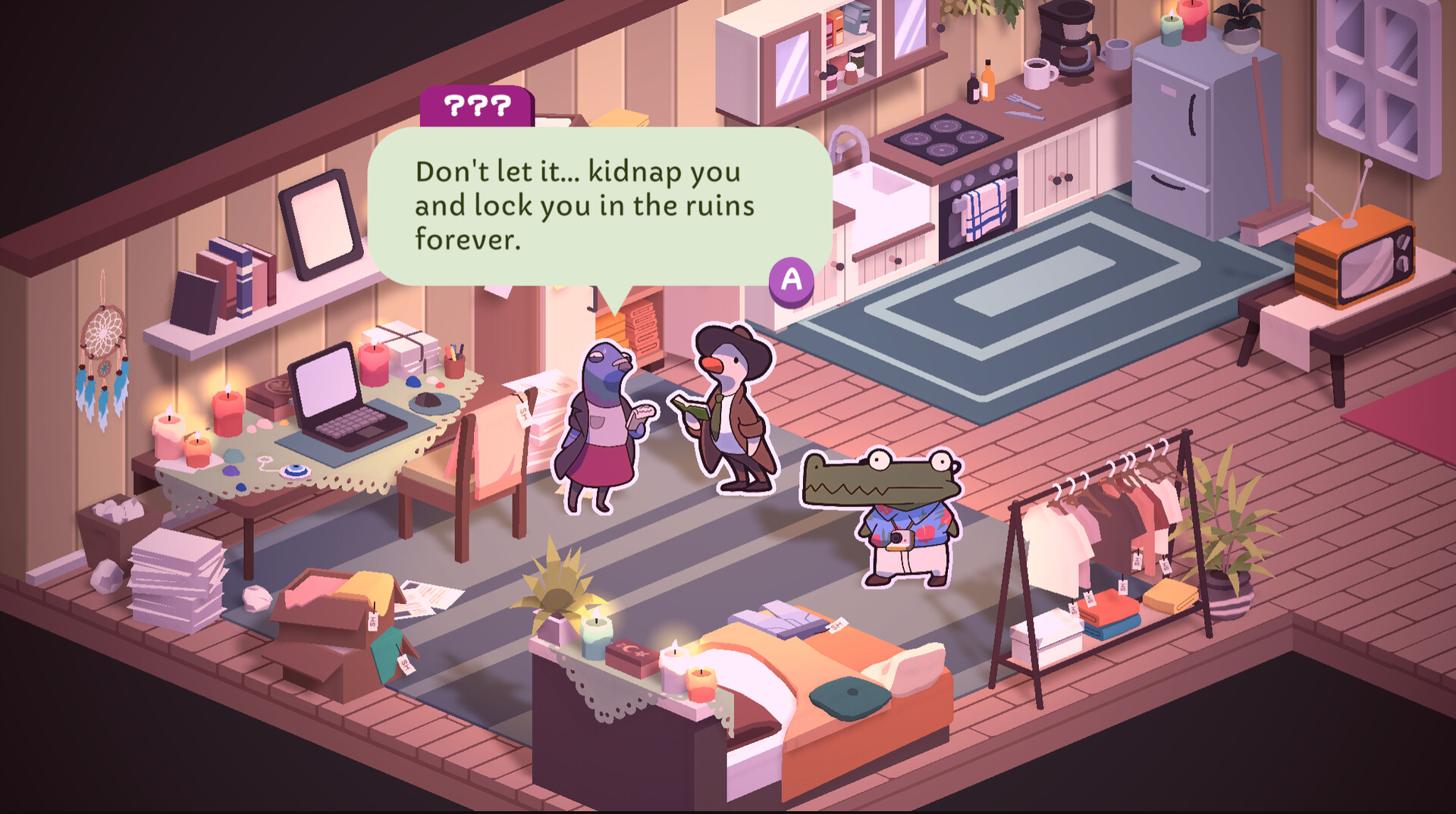 Duck Detective: The Ghost of Glamping screenshot with the duck detective talking with another character