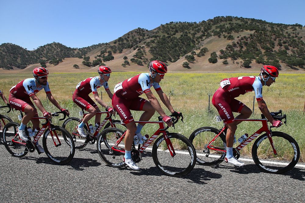 Ian Boswell rides with his Katusha-Alpecin team at the Tour of California