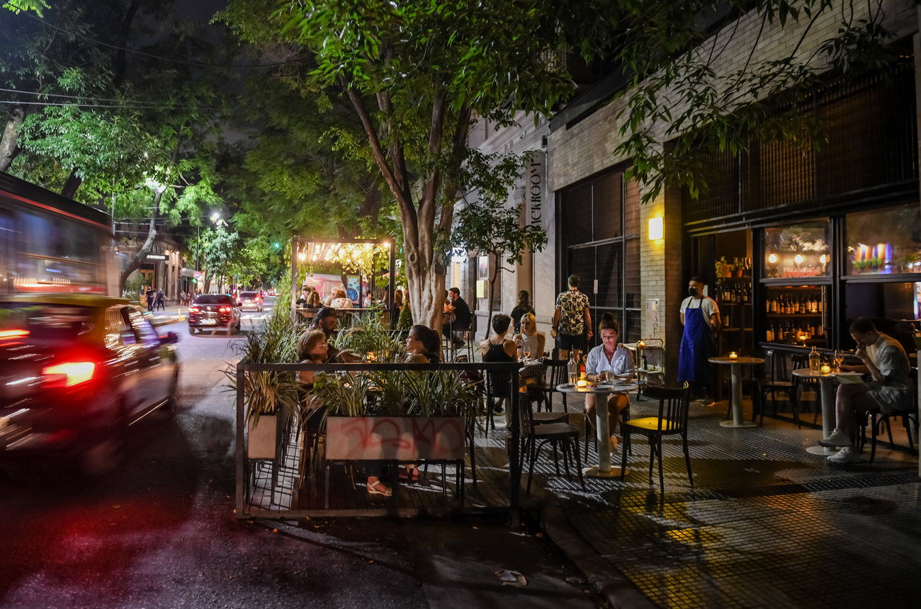 A pavement cafe at night