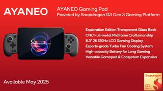 Ayaneo Gaming Pad with device on left and description on right that reads "Exploration Edition Transparent Glass Back CNC Full-metal Midframe Craftsmanship 8.3" 2K 120Hz LCD Gaming Display Esports-grade Turbo Fan Cooling System High-capacity Battery for Long Gaming Versatile Gamepad & Ecosystem Expansion"