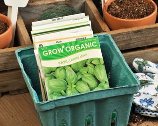 packet of basil seeds and pot of soil