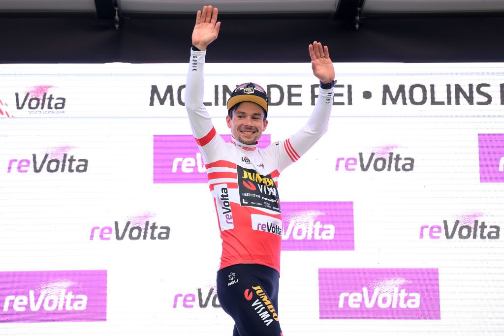 MOLINS DE REI SPAIN MARCH 25 Primoz Roglic of Slovenia and Team JumboVisma celebrates at podium as Red Mountain Jersey winner during the 102nd Volta Ciclista a Catalunya 2023 Stage 6 a 1741km stage from Martorell to Molins de Rei UCIWT on March 25 2023 in Molins de Rey Spain Photo by David RamosGetty Images