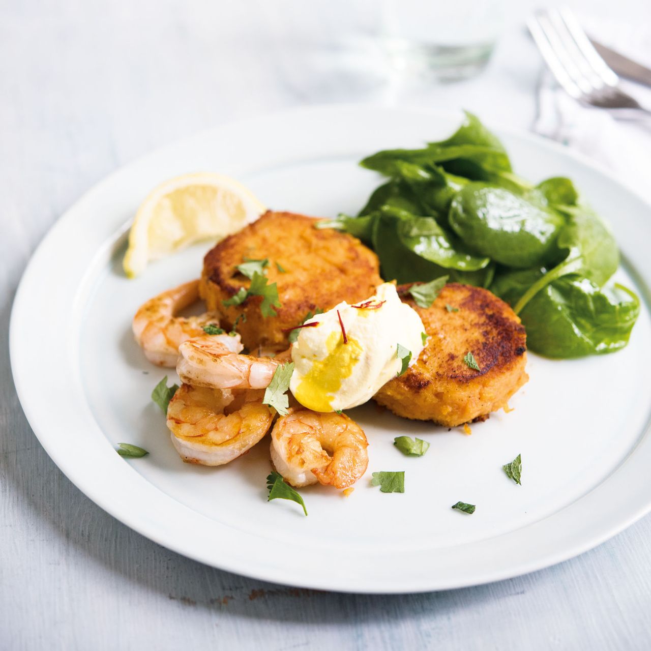 Sweet Potato Cakes Grilled Tiger Prawns