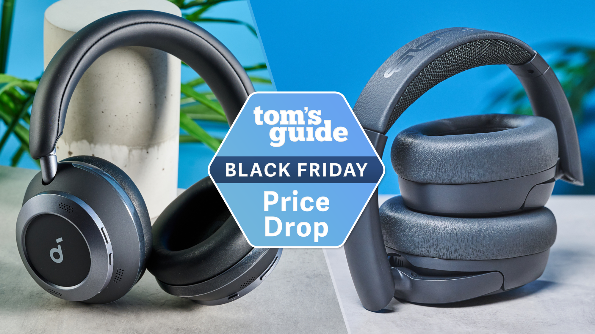 the soundcore space one pro headphones and jlab jbuds lux anc headphones on a split background with a tom's guide black friday deal badge
