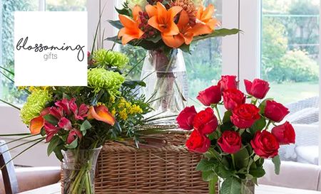 Blossoming Gifts logo top left with three bouquet of flowers