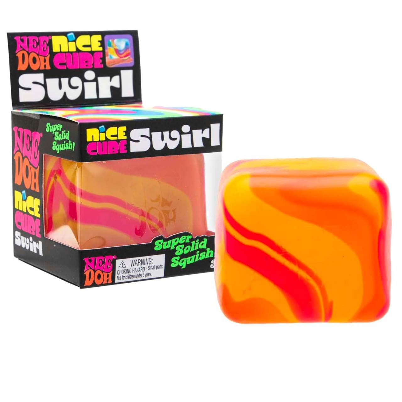 NeeDoh Nice Cube pack and toy on a plain background