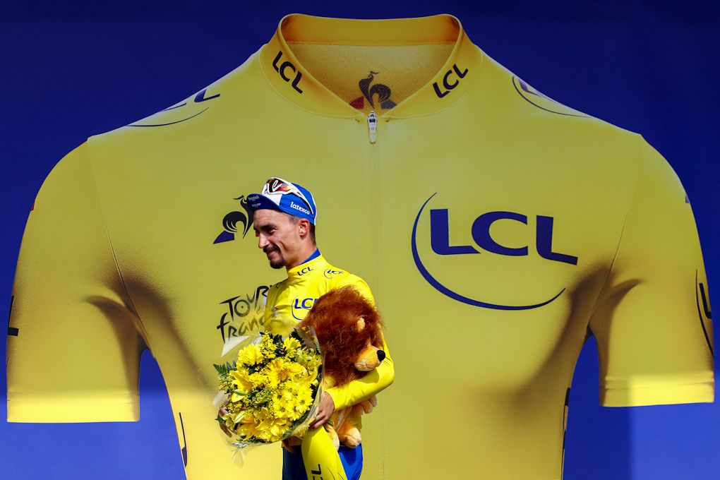 Julian Alaphilippe in yellow after stage 12 at the Tour de France