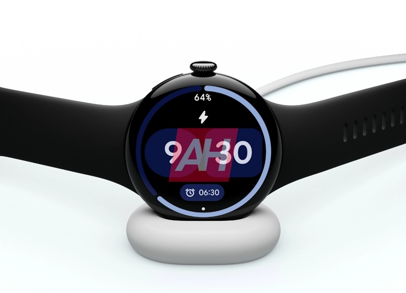 An alleged rendering of the Pixel Watch 4 sitting on its left side where its charging contact points have supposedly moved to.