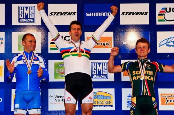 Elite men's podium at the marathon world championships in St. Wendel, Germany