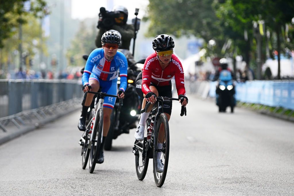 HASSELT BELGIUM SEPTEMBER 13 Mikka Holm of Team Denmark competes in the breakaway during the 30th UEC Road Cycling European Championships 2024 Womens U23 Road Race a 1014km one day race from HeusdenZolder to Hasselt UCIWWT on September 13 2024 in Hasselt Belgium Photo by Luc ClaessenGetty Images